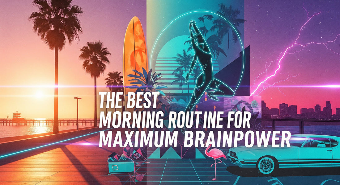 a san diegoo sunset with a neon retro new age appearance and text saying 'the best morning routine for maximum brainpower for a blog post
