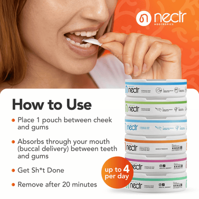 Woman using nectr mouthpouches with product packaging and branding.